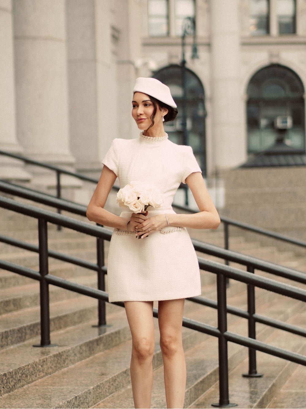 NADINE MERABI Cream Tweed Pearl-Trim Mini Dress